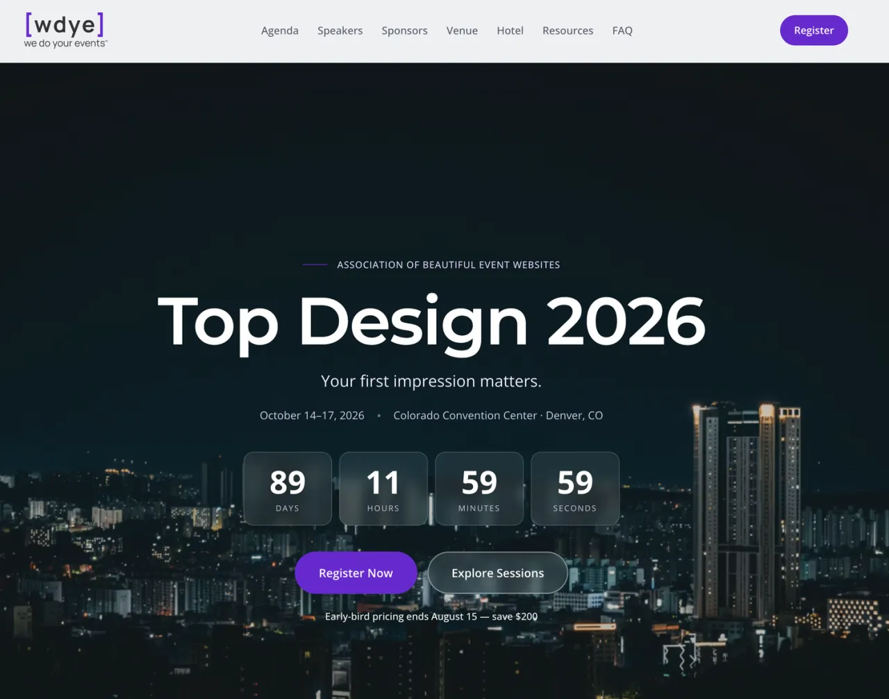 A WDYE Studio event website showing the agenda, speakers and sponsor placement.