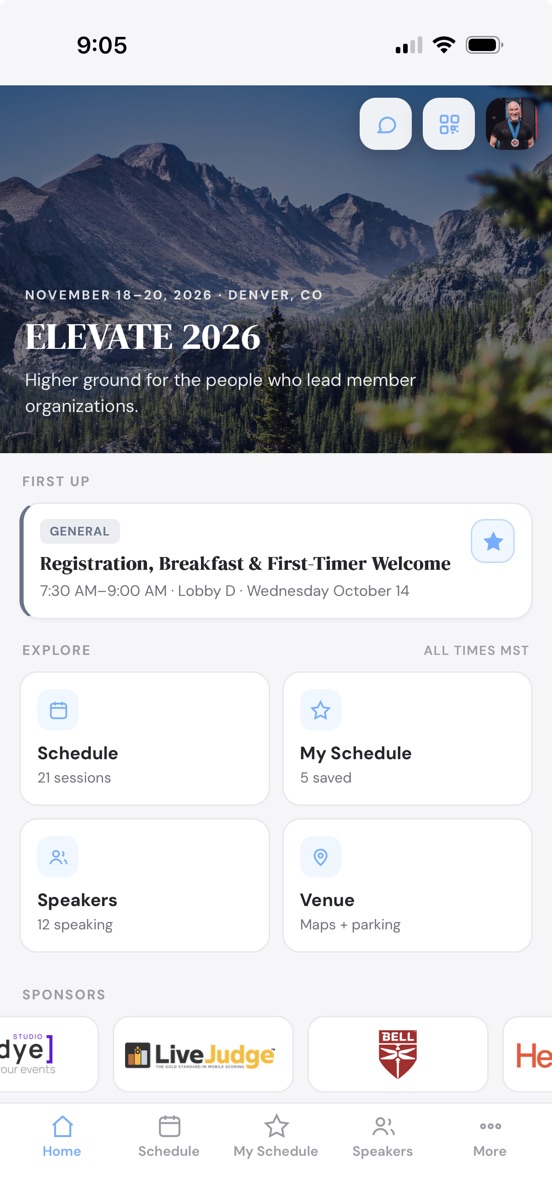 The same event in the no-download attendee app: event hero, the session up next, and tiles for Schedule, My Schedule, Speakers and Venue