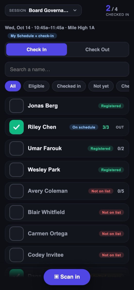The check-in app in session mode on a phone: the session name at the top, a Check In / Check Out toggle, and attendee rows marked Registered, On schedule or Not on list