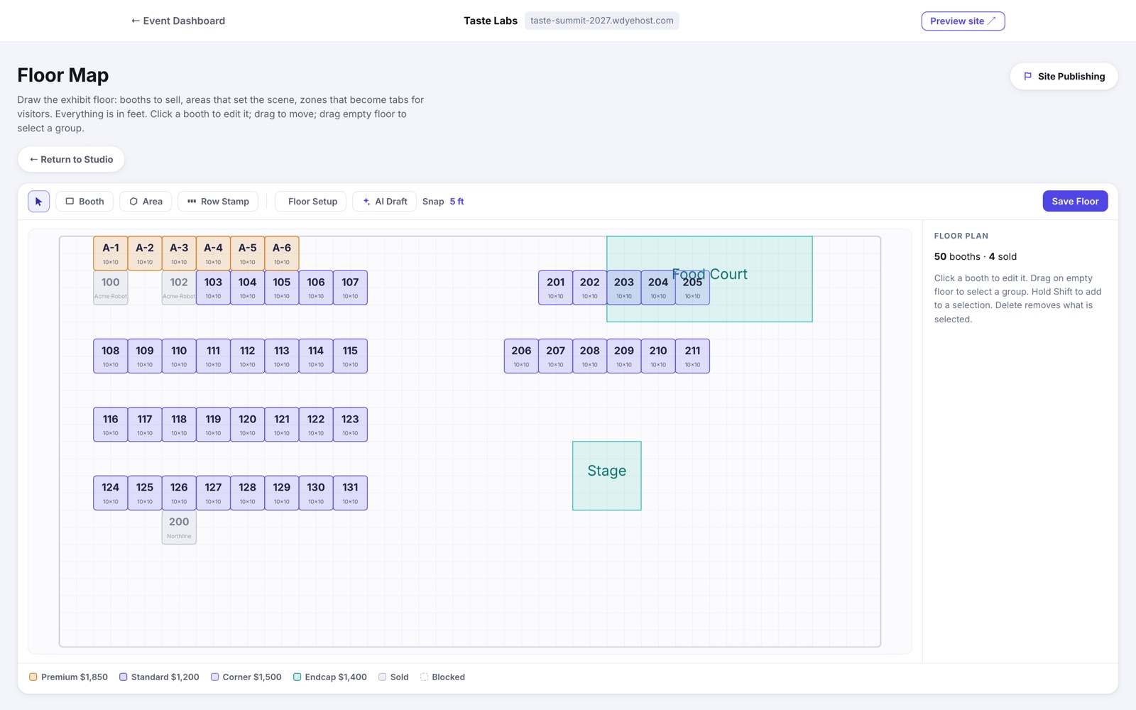 The Floor Map studio: premium and standard booth rows drawn to scale, sold booths grayed, a food court and stage, and the category legend with prices