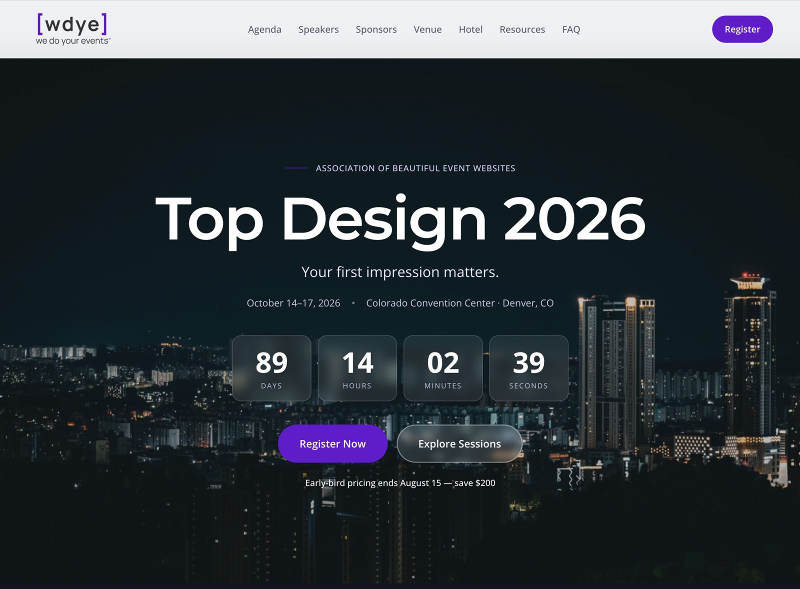 An event website built with WDYE Studio: Top Design 2026, with countdown, agenda, speakers, and registration