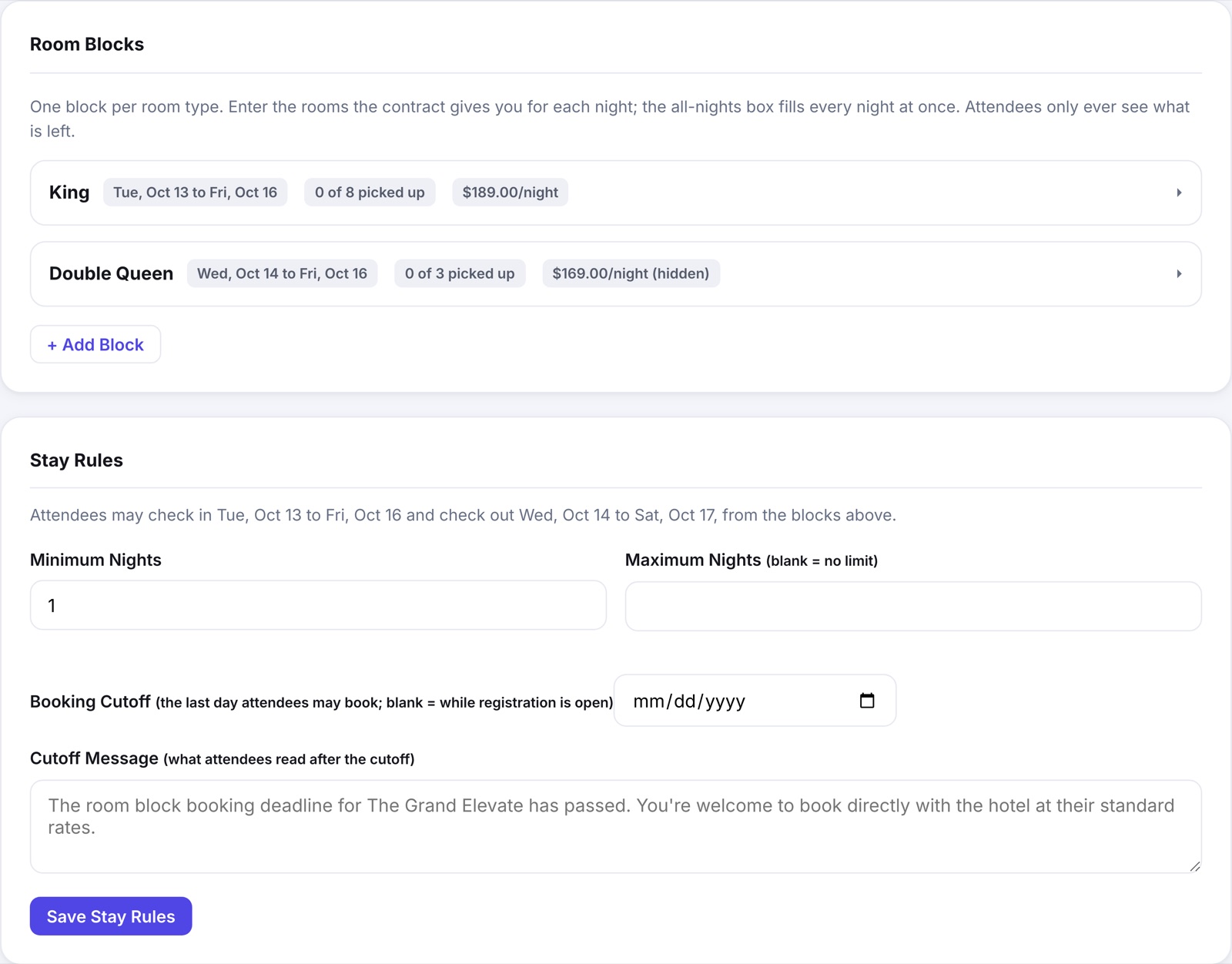 The hotel editor in the studio: two room blocks, King with its dates, pickup count and nightly rate, and Double Queen with its rate hidden, then the stay rules with minimum and maximum nights, a booking cutoff date and the message attendees read after it