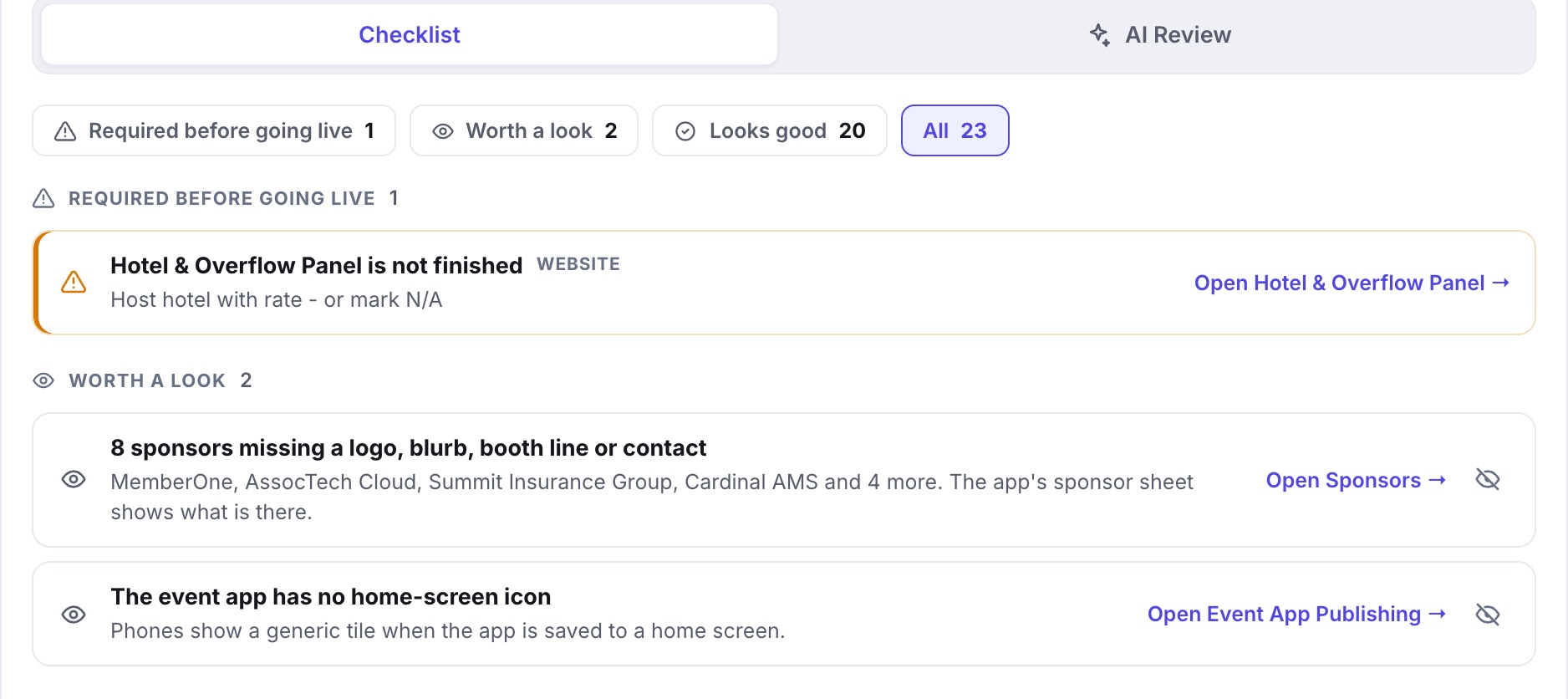The Dashboard checklist: Website, Registration and Event App pills, one item required before going live with a link to the screen that fixes it, and the first of two items worth a look