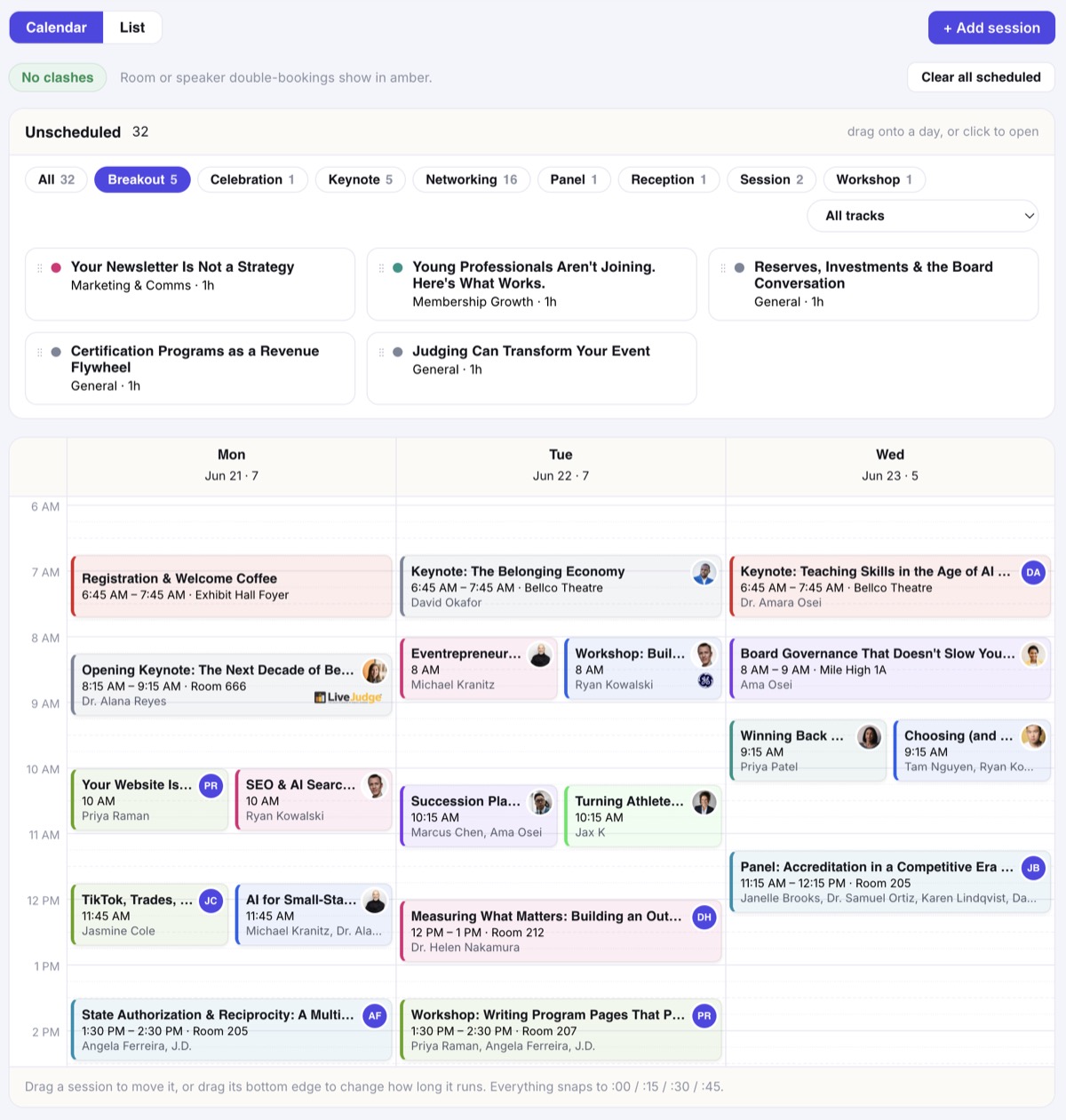 The agenda builder in WDYE Studio: an Unscheduled bullpen of 32 sessions filtered by type, beside a three-day calendar where sessions sit in colored track blocks with speaker photos, and a No clashes badge above it